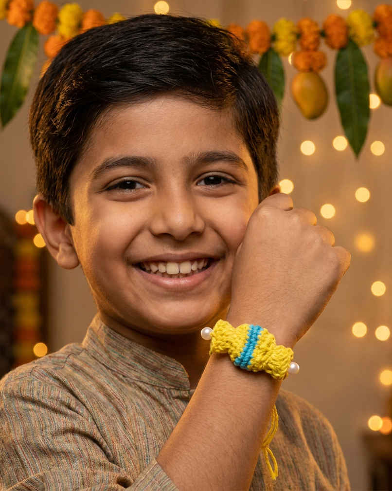Kids Yellow Toffee Crochet Rakhi | Pack of 1 | Mad Over Prints Kids Yellow Toffee Crochet Rakhi | Pack of 1 | Mad Over Prints