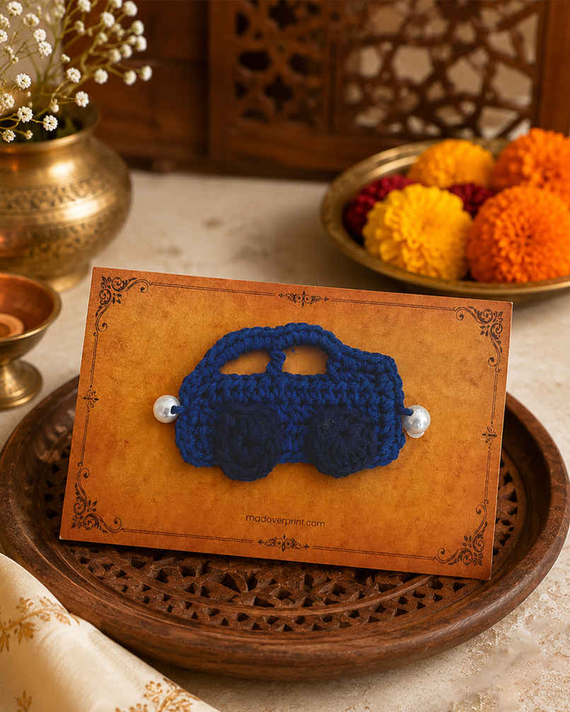 Kids Blue Car Crochet Rakhi | Mad Over Print Kids Blue Car Crochet Rakhi | Mad Over Print