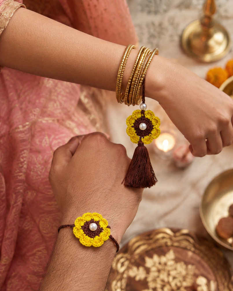 Yellow Sunflower Crochet Rakhi | Bhaiya Bhabhi | Pack of 2 | Mad Over Prints Yellow Sunflower Crochet Rakhi | Bhaiya Bhabhi | Pack of 2 | Mad Over Prints