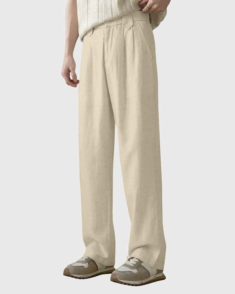 FTX Men's Solid Straight Fit Cotton Linen Trouser | Light Beige - 34