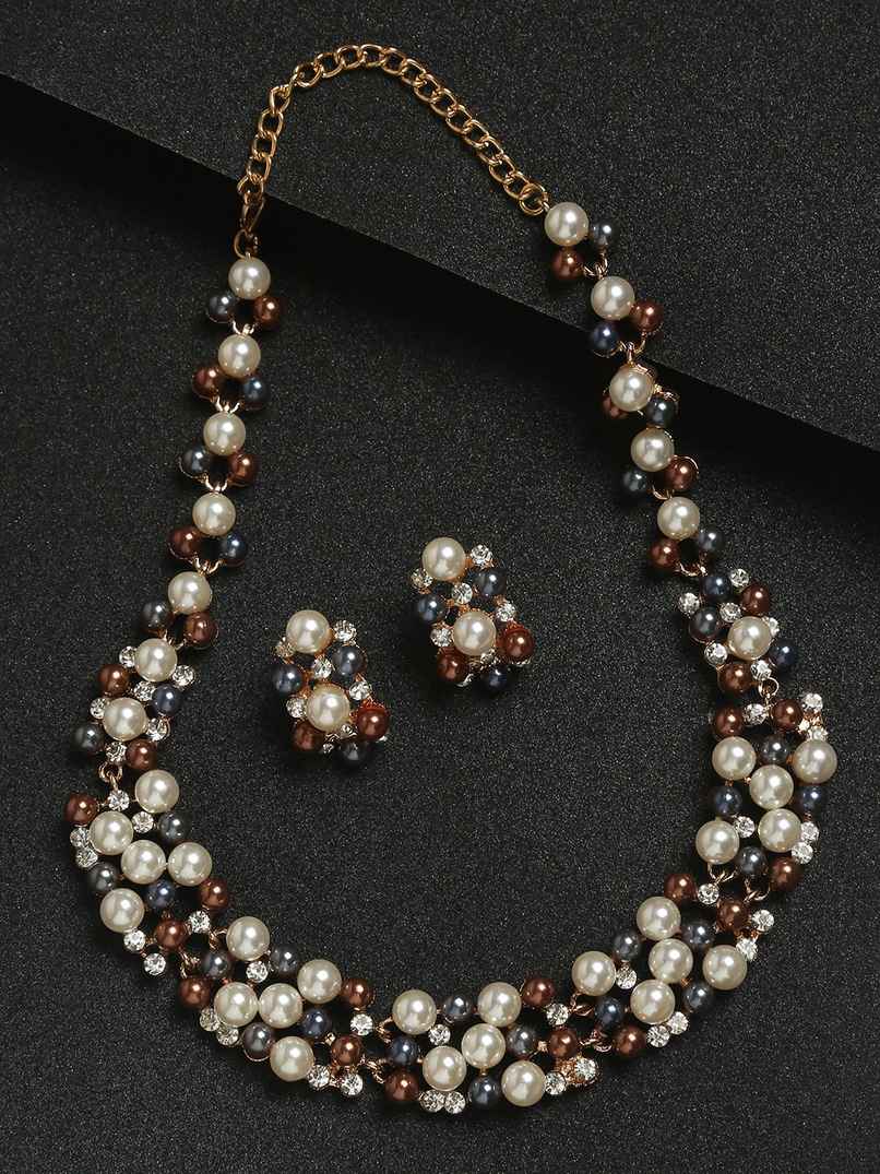 YouBella Gold-Plated Brown & White Stone-Studded Jewellery Set (YBNK - 50347)