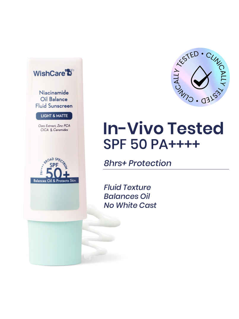 WishCare Niacinamide Oil Balance Fluid Sunscreen SPF 50 PA++++ |In-Vivo Tested|8hrs+ SPF Protection