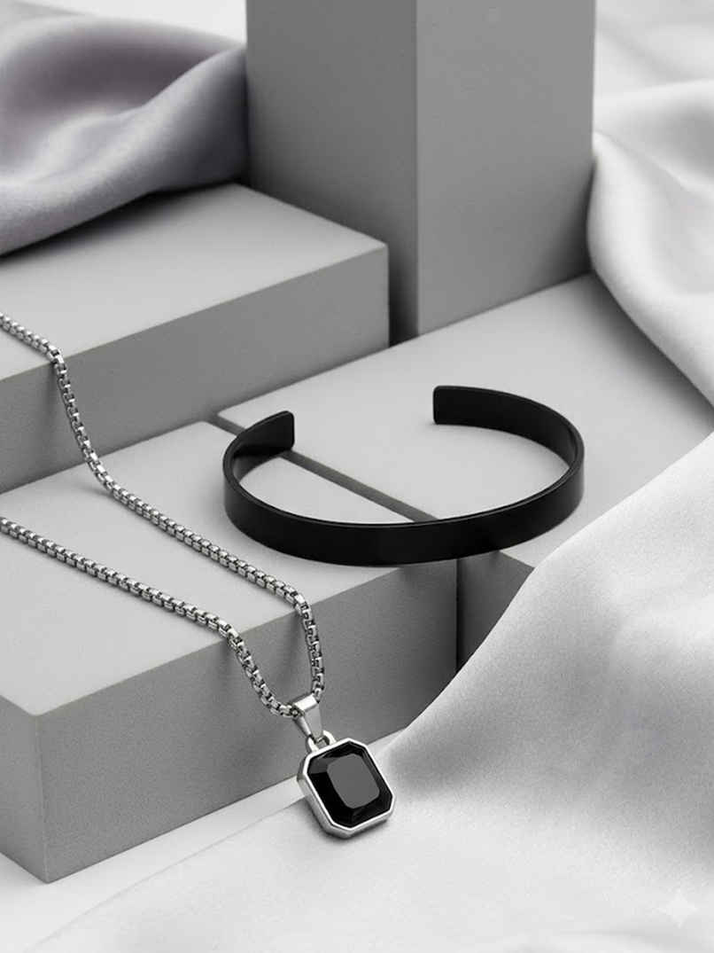 NVR Men's Silver-Plated Stone Pendant Chain & Black Rhodium Stainless Steel Cuff Bracelet Gift Combo NVR Men's Silver-Plated Stone Pendant Chain & Black Rhodium Stainless Steel Cuff Bracelet Gift Combo