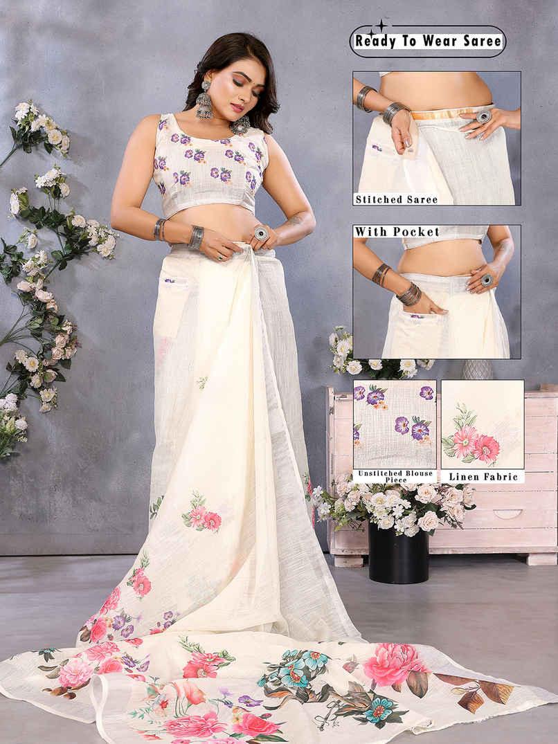 Hema Silk Mills Woman Digital Print Bollywood Linen Saree Ready to Wear saree with pocket | Beige Hema Silk Mills Woman Digital Print Bollywood Linen Saree Ready to Wear saree with pocket | Beige