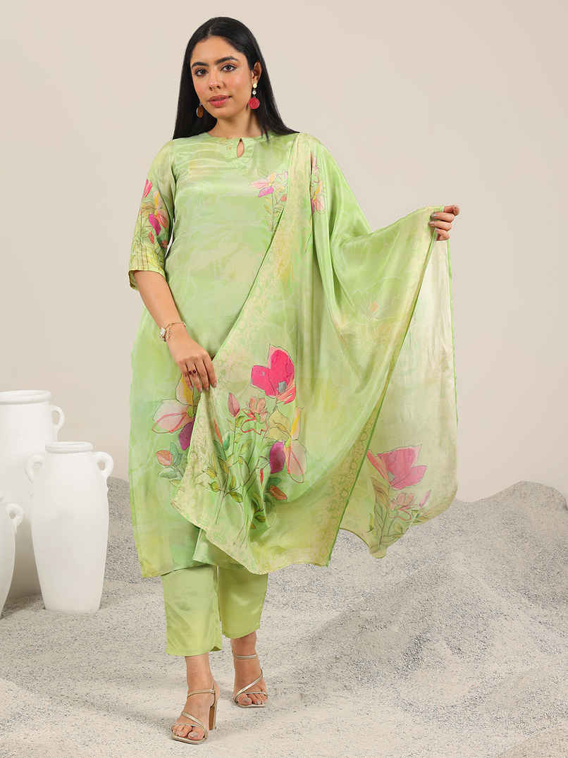 Libas Printed Silk Blend Straight Suit With Dupatta | 400298H | Green - S Libas Printed Silk Blend Straight Suit With Dupatta | 400298H | Green - S