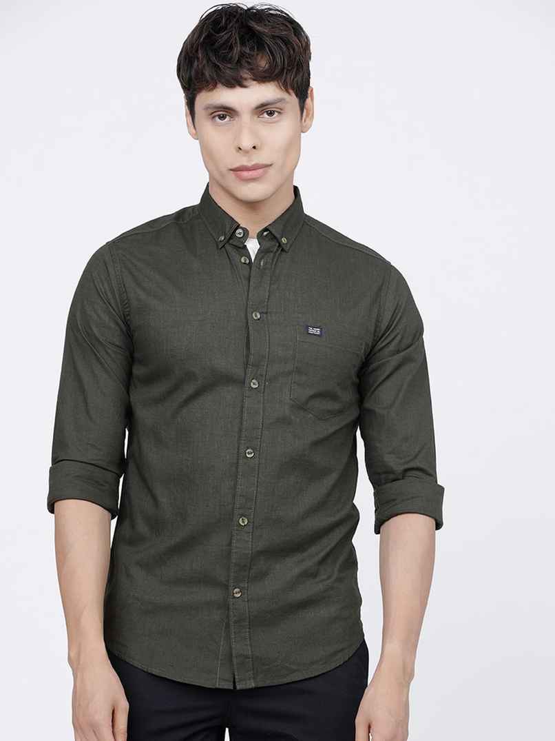 The Indian Garage Co Men's Slim Fit Solid Casual Shirt | Olive - XL The Indian Garage Co Men's Slim Fit Solid Casual Shirt | Olive - XL