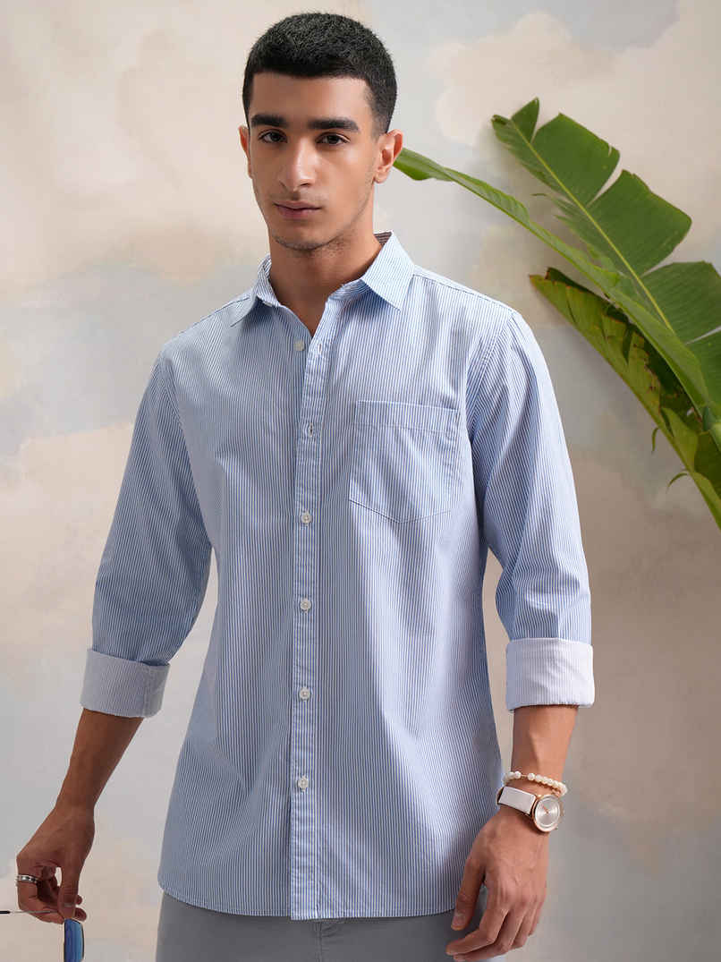 HIGHLANDER Classic Slim Fit Vertical Striped Spread Collar Cotton Casual Shirt | White & Blue | L