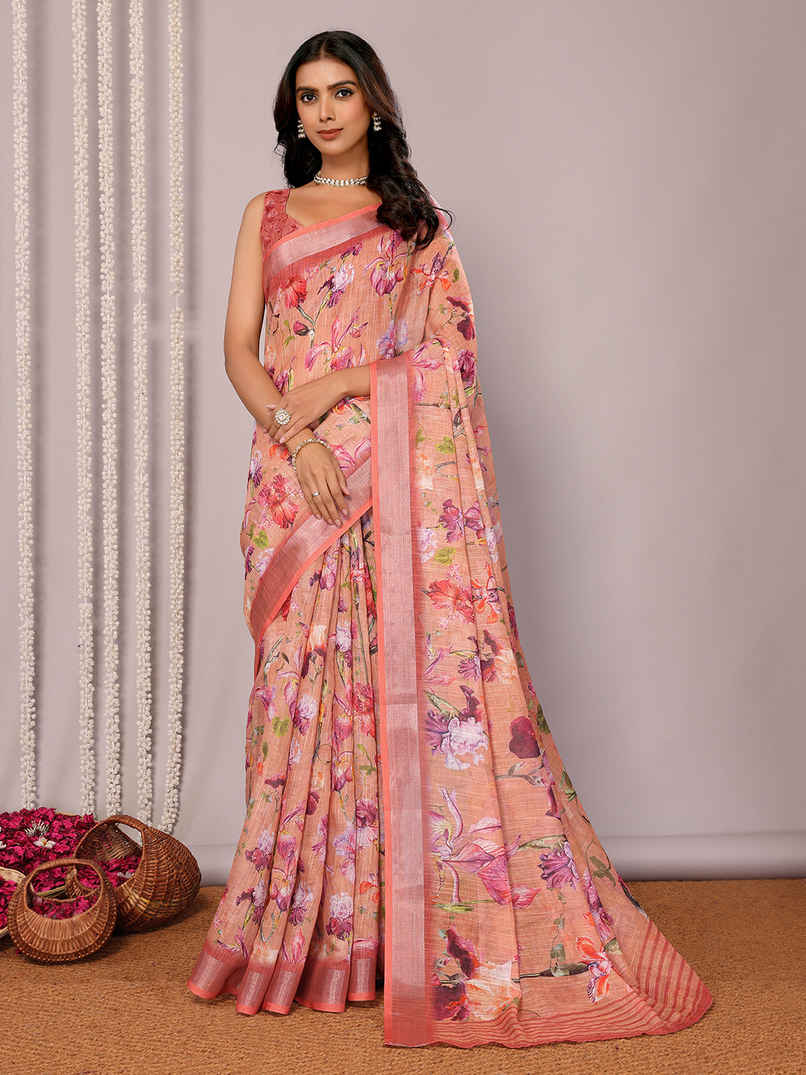 Janasya Women's Cotton Linen Floral Printed Saree with Blouse Piece | SAR452 | Peach Janasya Women's Cotton Linen Floral Printed Saree with Blouse Piece | SAR452 | Peach