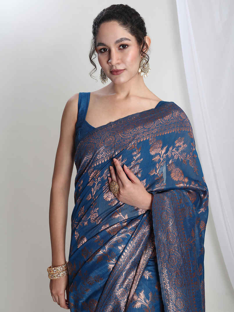 Janasya Women's Silk Blend Floral Woven Design Jacquard Saree with Blouse Piece | SAR612 | Blue