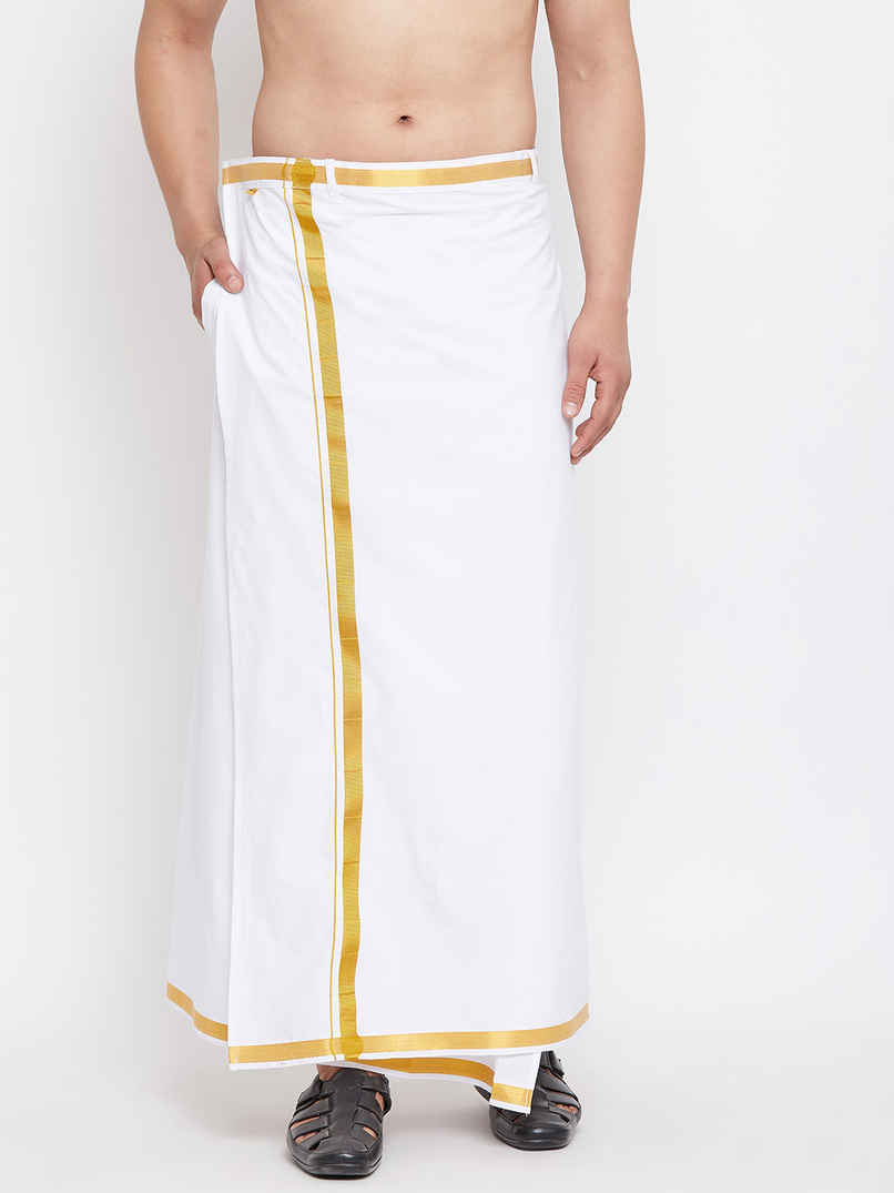 Vastramay Men's White and Gold Velcro Mundu/Veshti/Dhoti with pockets | Ready To Wear | Free Size Vastramay Men's White and Gold Velcro Mundu/Veshti/Dhoti with pockets | Ready To Wear | Free Size