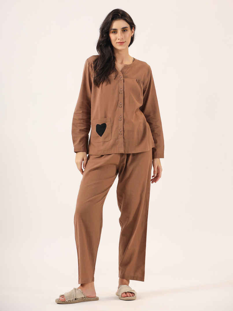 Sanskrutihomes Mandarin Collar Pure Cotton Night Suit | Brown - S Sanskrutihomes Mandarin Collar Pure Cotton Night Suit | Brown - S