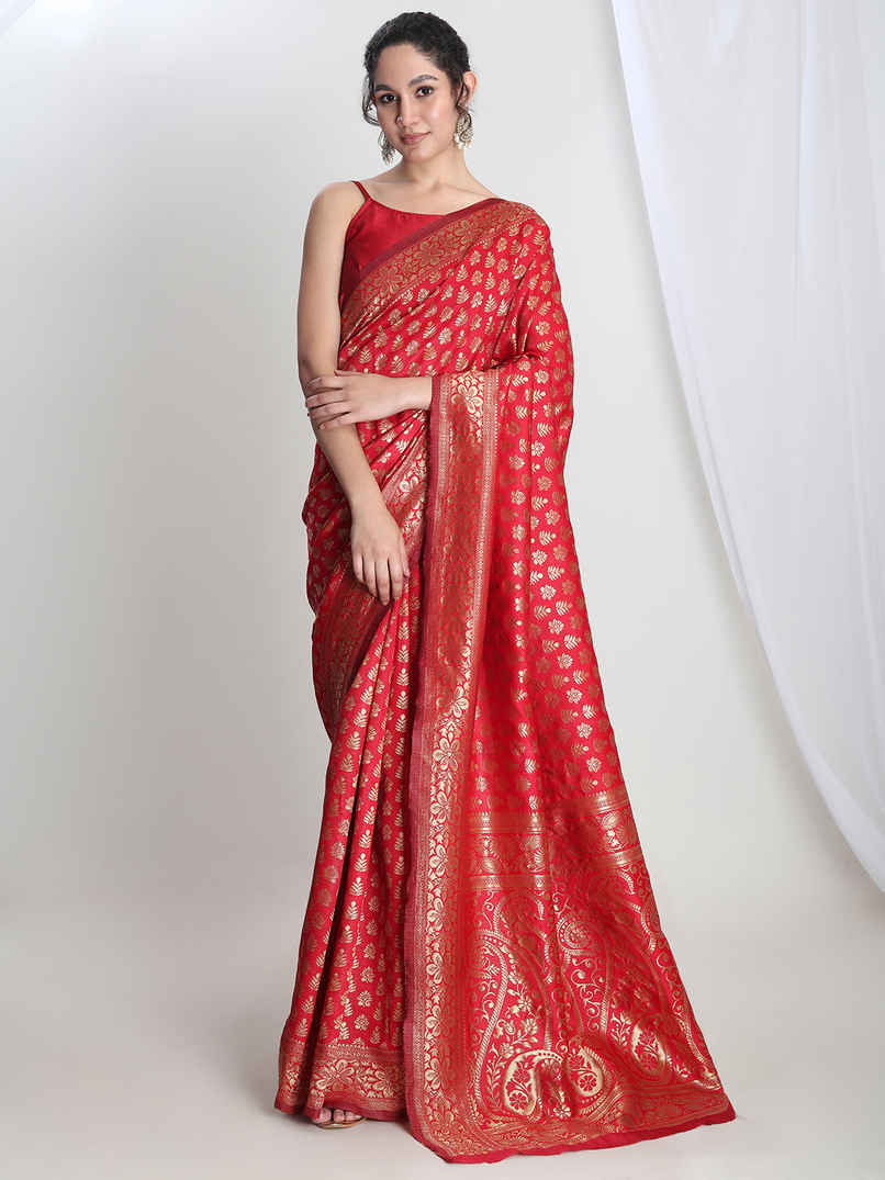 Janasya Women's Silk Blend Floral Woven Design Jacquard Saree with Blouse Piece | SAR692 | Red