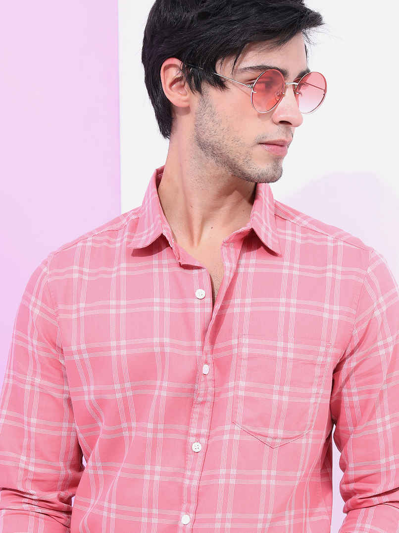 HIGHLANDER Men Checked Slim Fit Casual Shirt | Peach - L
