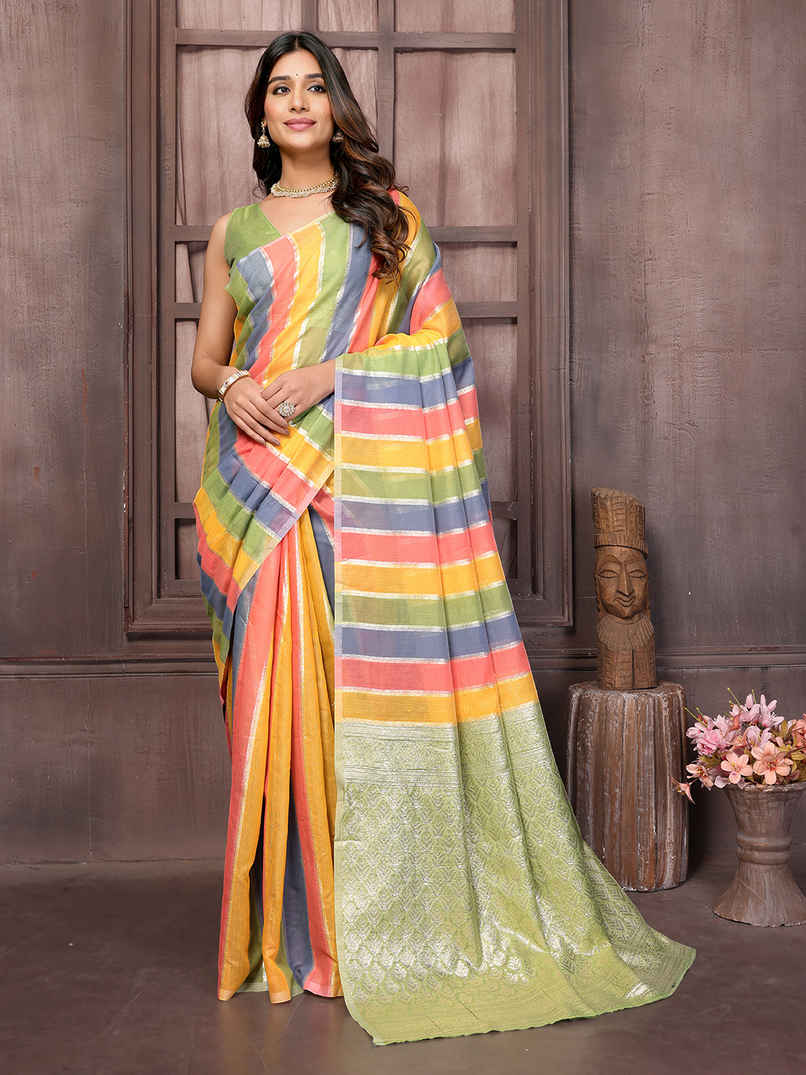 Janasya Women's Cotton Striped Woven Design Woven Saree with Blouse Piece | SAR388 | Multicolour