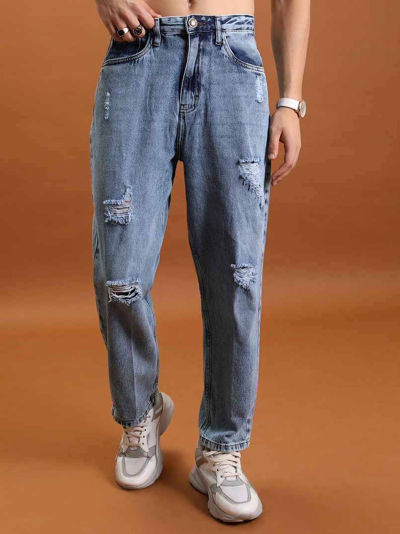 HIGHLANDER Men's Loose Fit Mildly Distressed Light Fade Jeans | Blue - 34