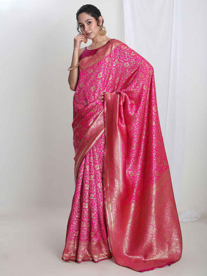 Janasya Women's Silk Blend Floral Woven Design Jacquard Saree with Blouse Piece | SAR654 | Pink