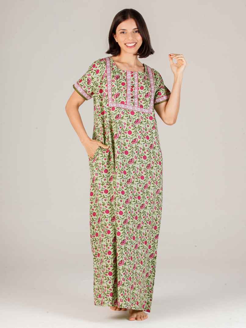 Evolove Women's Soft Cotton & Warm Printed Nighty | Green | L
