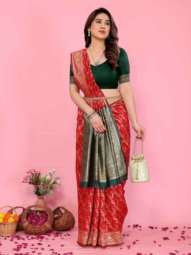 Hema Silk Mills Women Woven Banarasi Silk Blend Saree | Maroon