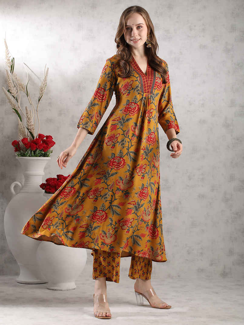 GoSriKi Women's Rayon Blend Anarkali Printed Kurta with Palazzo & Dupatta | CIA | Yellow - XL GoSriKi Women's Rayon Blend Anarkali Printed Kurta with Palazzo & Dupatta | CIA | Yellow - XL