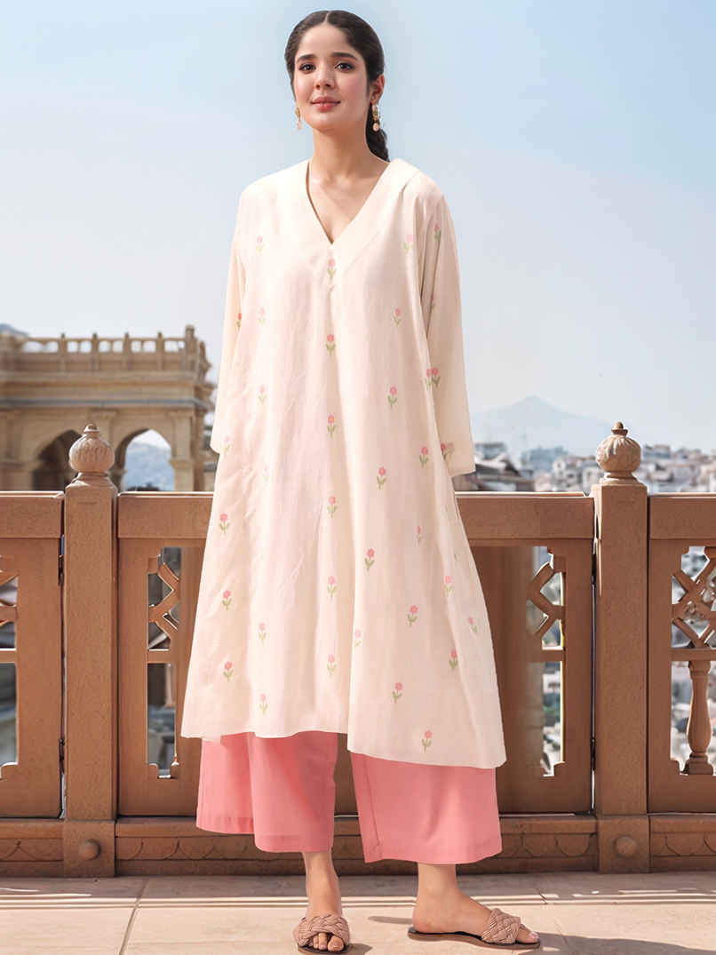 GoSriKi Women's Rayon Blend Printed Anarkali Kurta With Palazzos | Cream - S GoSriKi Women's Rayon Blend Printed Anarkali Kurta With Palazzos | Cream - S