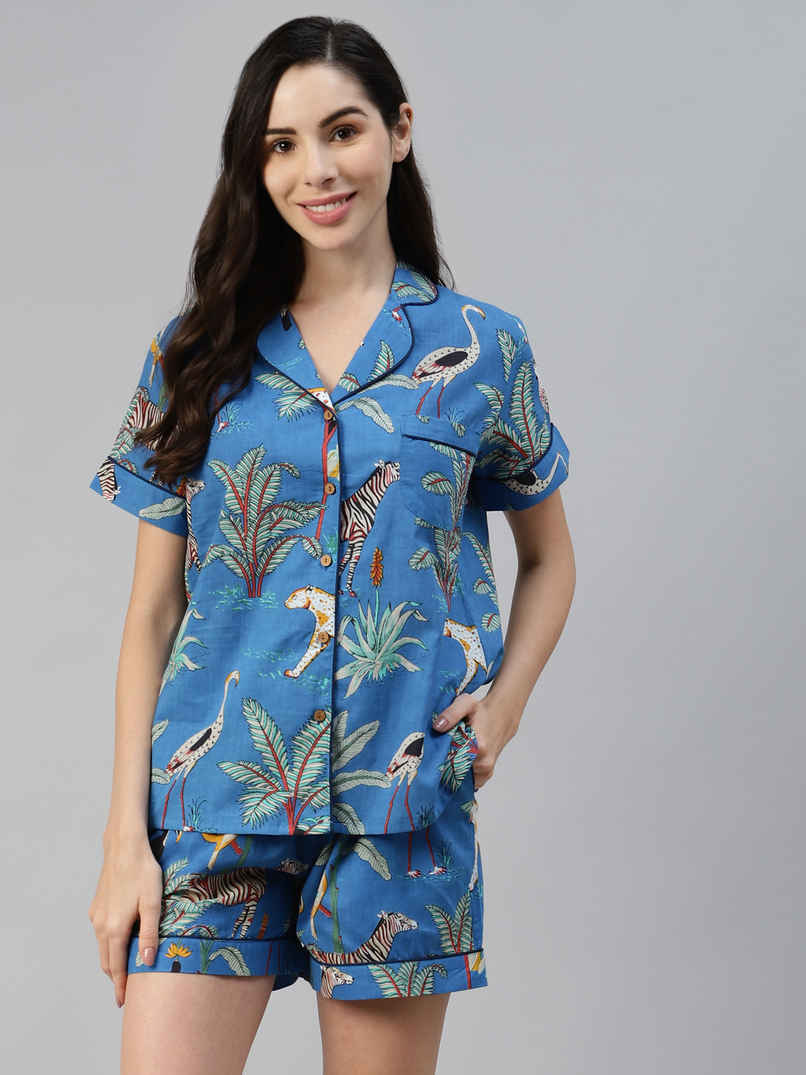 Divena Cotton Quirky Print Women's Night Suit | DK0216 | Teal Blue - XL