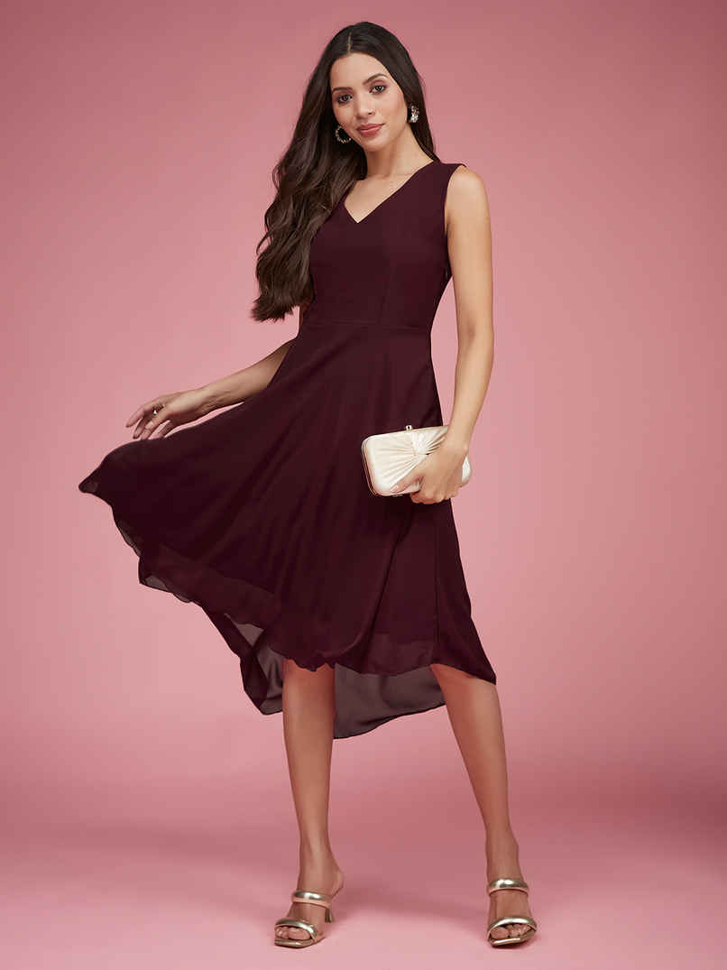 Miss Chase Women Maroon V-Neck Sleeveless Solid High-Low Midi Skater Dress | Maroon | L Miss Chase Women Maroon V-Neck Sleeveless Solid High-Low Midi Skater Dress | Maroon | L