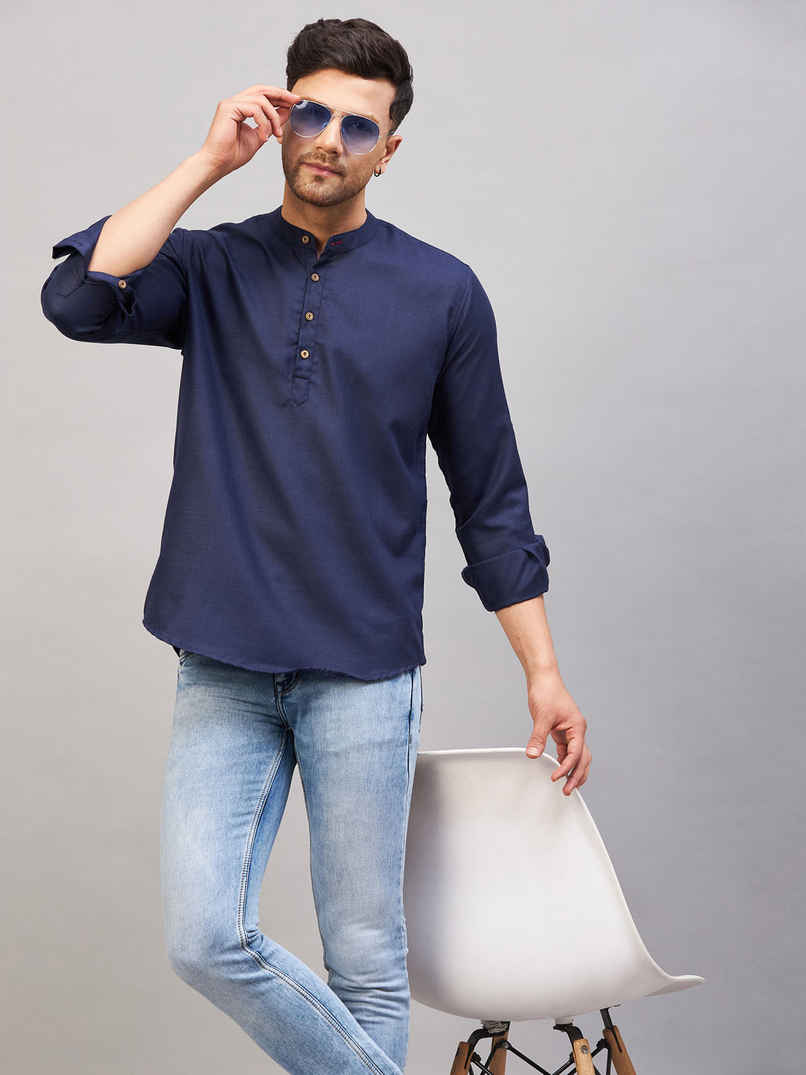 Vastramay Men's Cotton Blend Short Kurta | Blue - S Vastramay Men's Cotton Blend Short Kurta | Blue - S