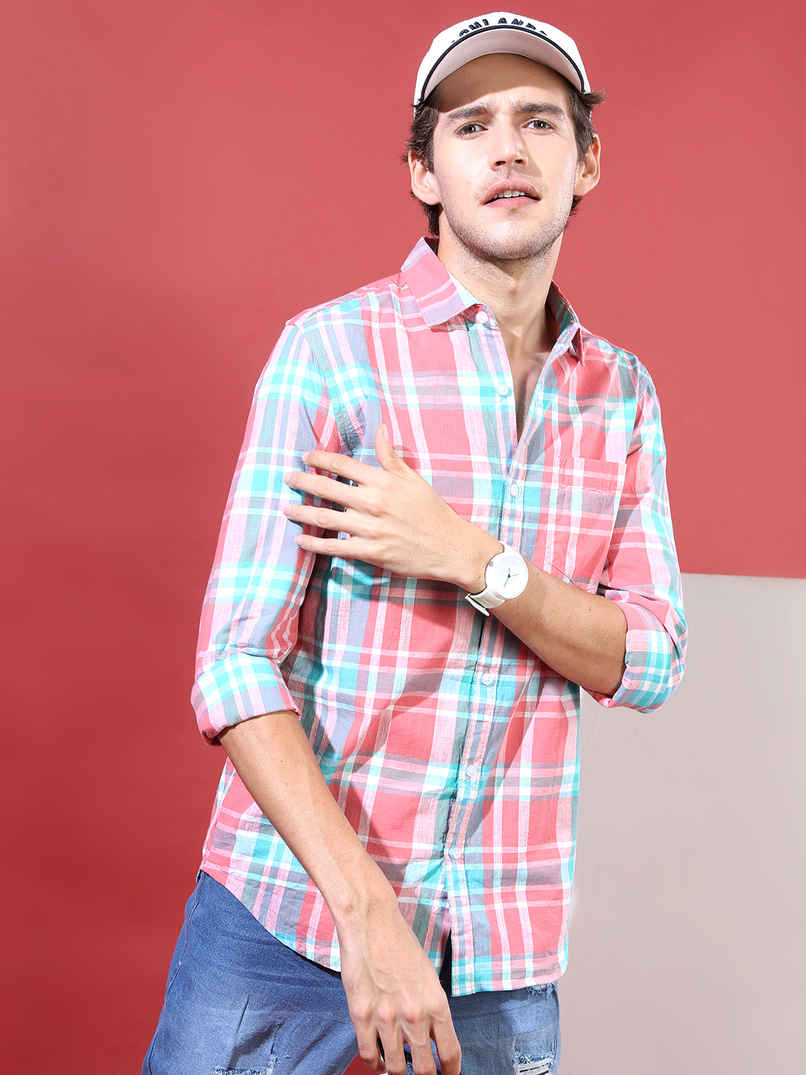 Highlander Men's Slim Fit Checked Casual Shirt - Coral and White | XL Highlander Men's Slim Fit Checked Casual Shirt - Coral and White | XL