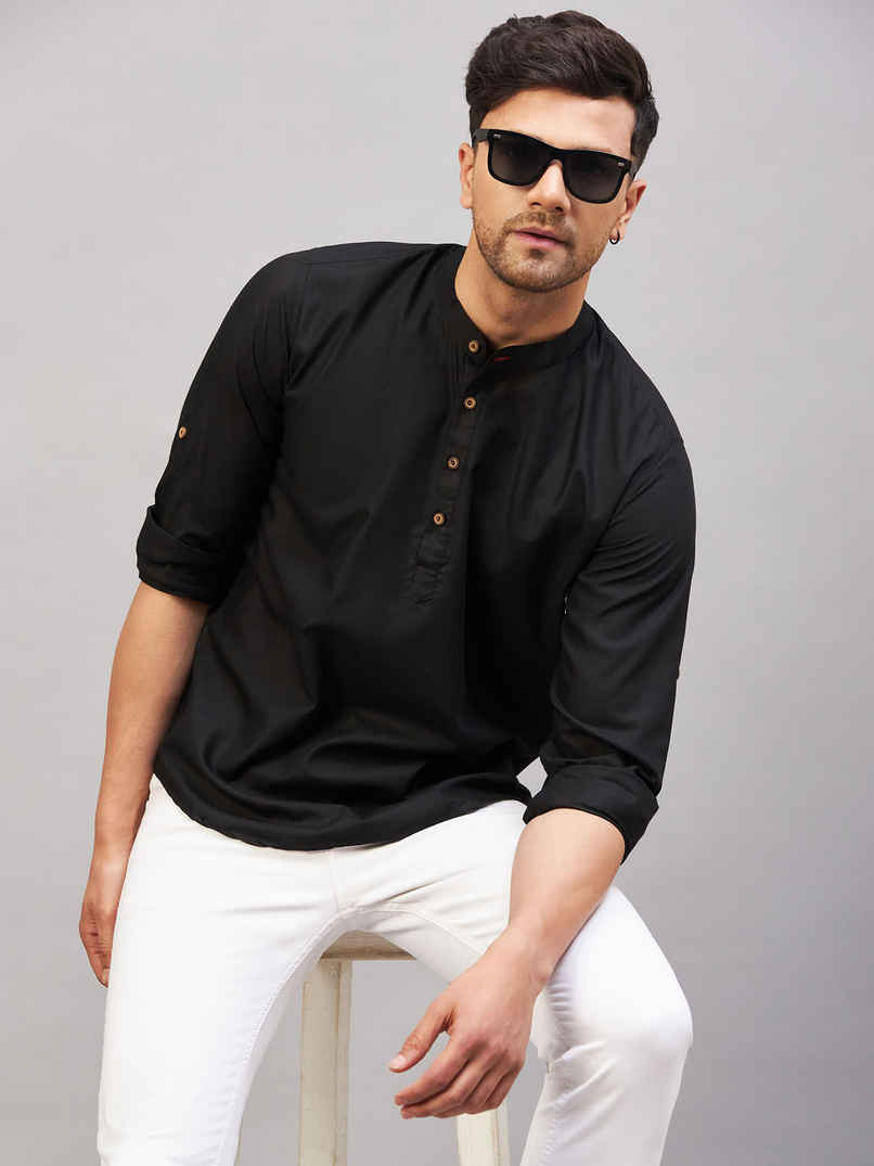 Vastramay Men's Black Cotton Blend Short Kurta | XL Vastramay Men's Black Cotton Blend Short Kurta | XL