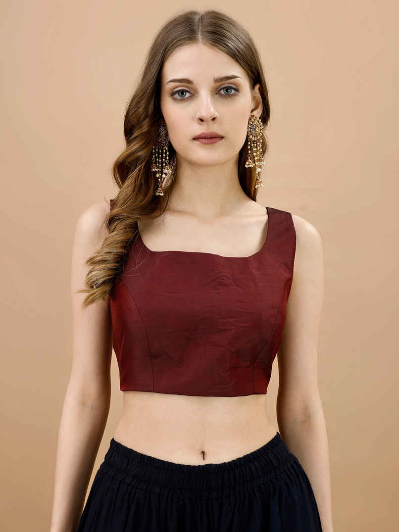 Tikhi Imli Women's Solid Sleeveless Tafeta Stitched Blouse | Maroon - L Tikhi Imli Women's Solid Sleeveless Tafeta Stitched Blouse | Maroon - L