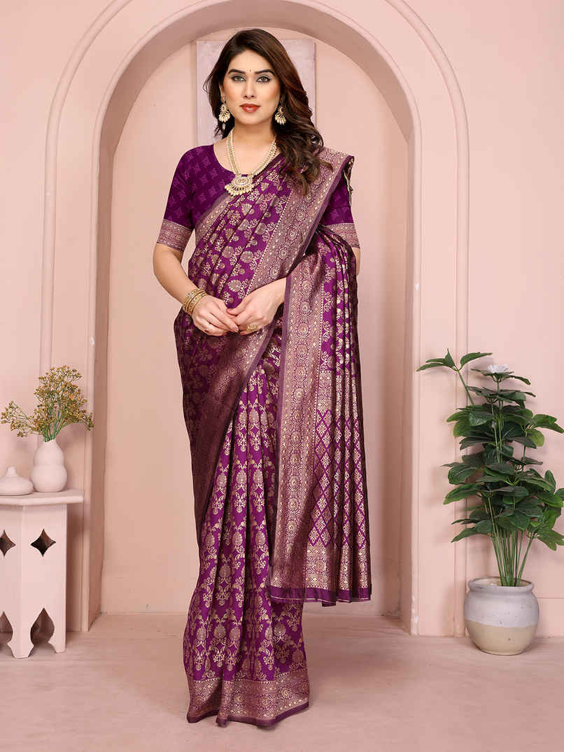 Hema Silk Mills Women Woven Banarasi Silk Blend Saree | Wine Hema Silk Mills Women Woven Banarasi Silk Blend Saree | Wine