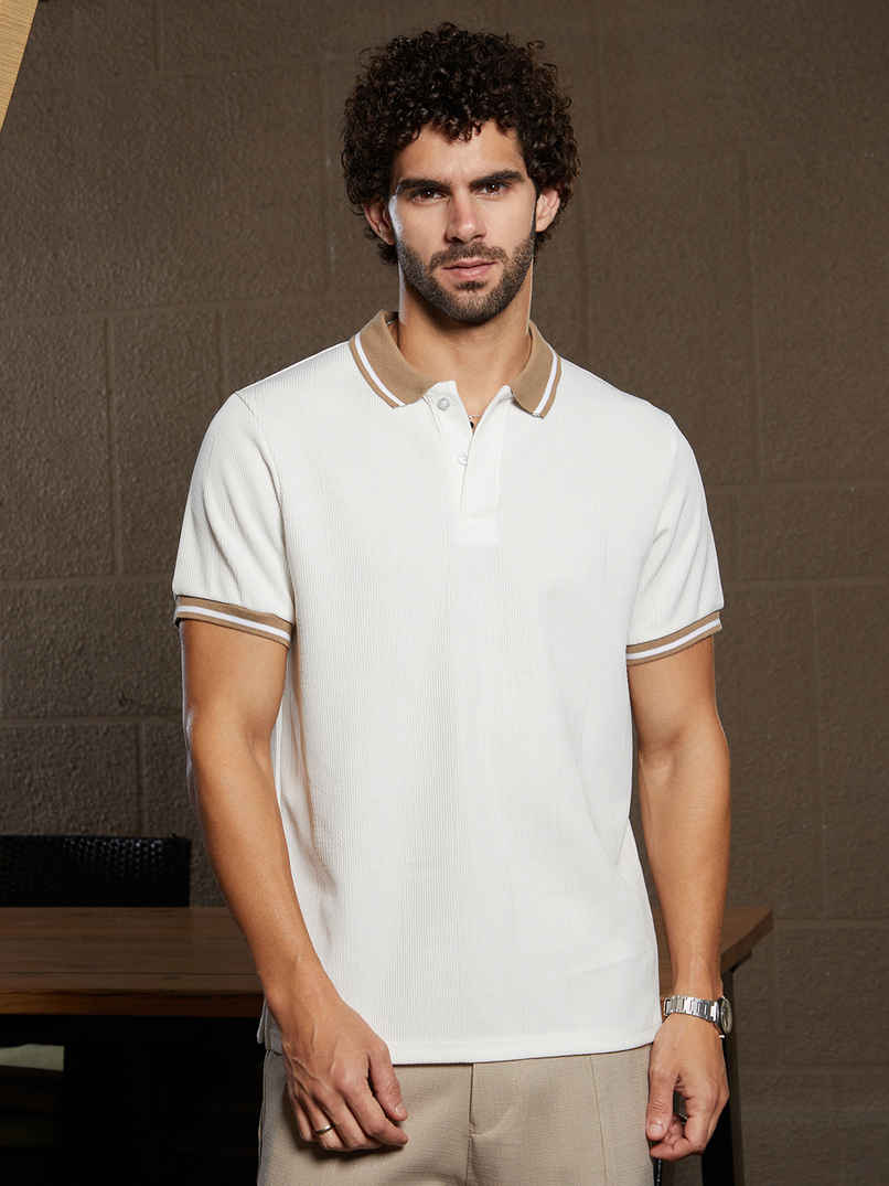 Campus Sutra Men's Cuboid-Stripe Polo T-Shirt | Cream White - XL