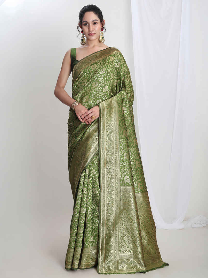 Janasya Women's Silk Blend Floral Woven Design Jacquard Saree with Blouse Piece | SAR656 | Green