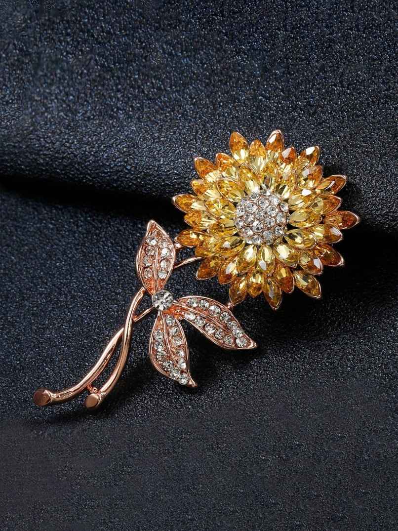 Youbella Collection Floral Jewellery Cubic Zirconia Brooches For Women (Yellow) (Yb - Brooch - 74)