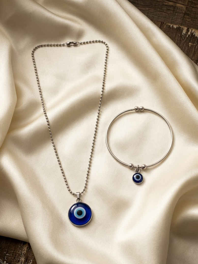 NVR Unisex Silver Evil Eye Pendant with Chain & Adjustable Evil Eye Bracelet Gift Combo NVR Unisex Silver Evil Eye Pendant with Chain & Adjustable Evil Eye Bracelet Gift Combo