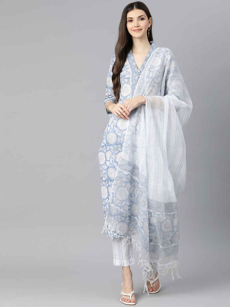 Divena Women s Sky blue Hand Block Printed Straight kurta Pant Set with Dupatta | DK0755 | M Divena Women s Sky blue Hand Block Printed Straight kurta Pant Set with Dupatta | DK0755 | M