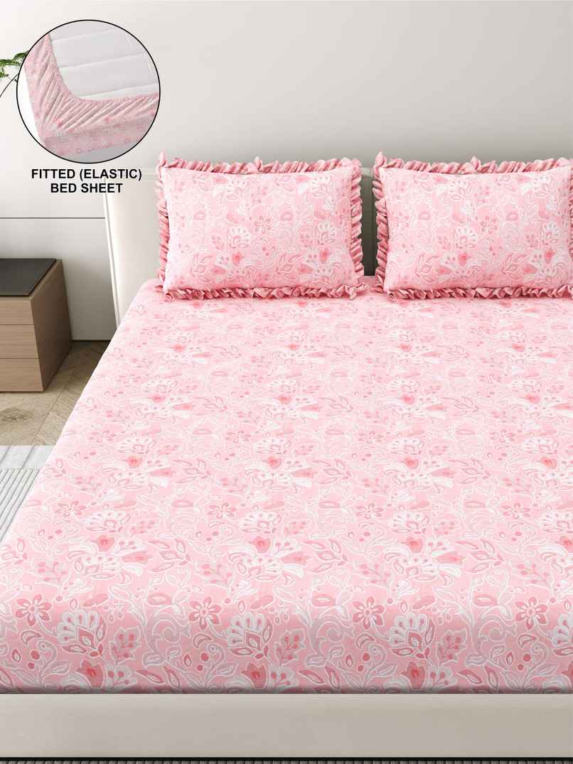DREAM WEAVERZ Elastic Fitted Double Bedsheet | 2 Frill Pillow Covers | Polycotton | Pink