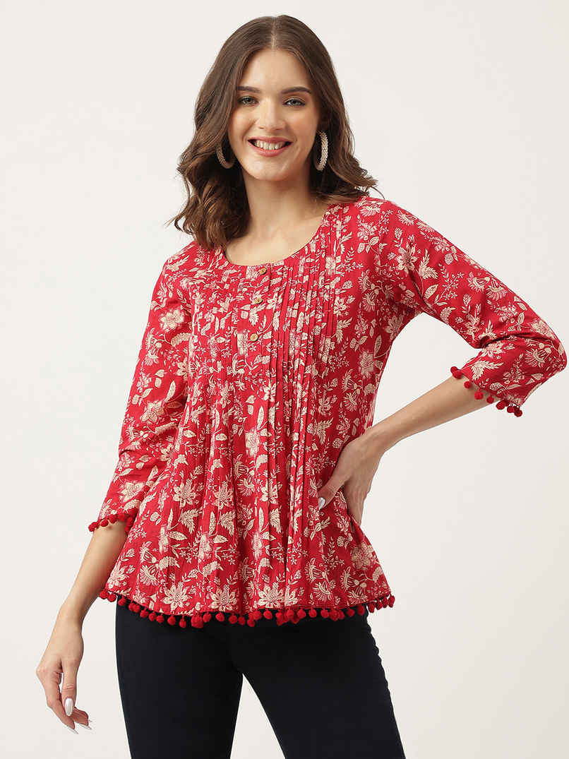 Divena Women s Red Floral Printed Cotton Peplum Tunic DK0966 | L