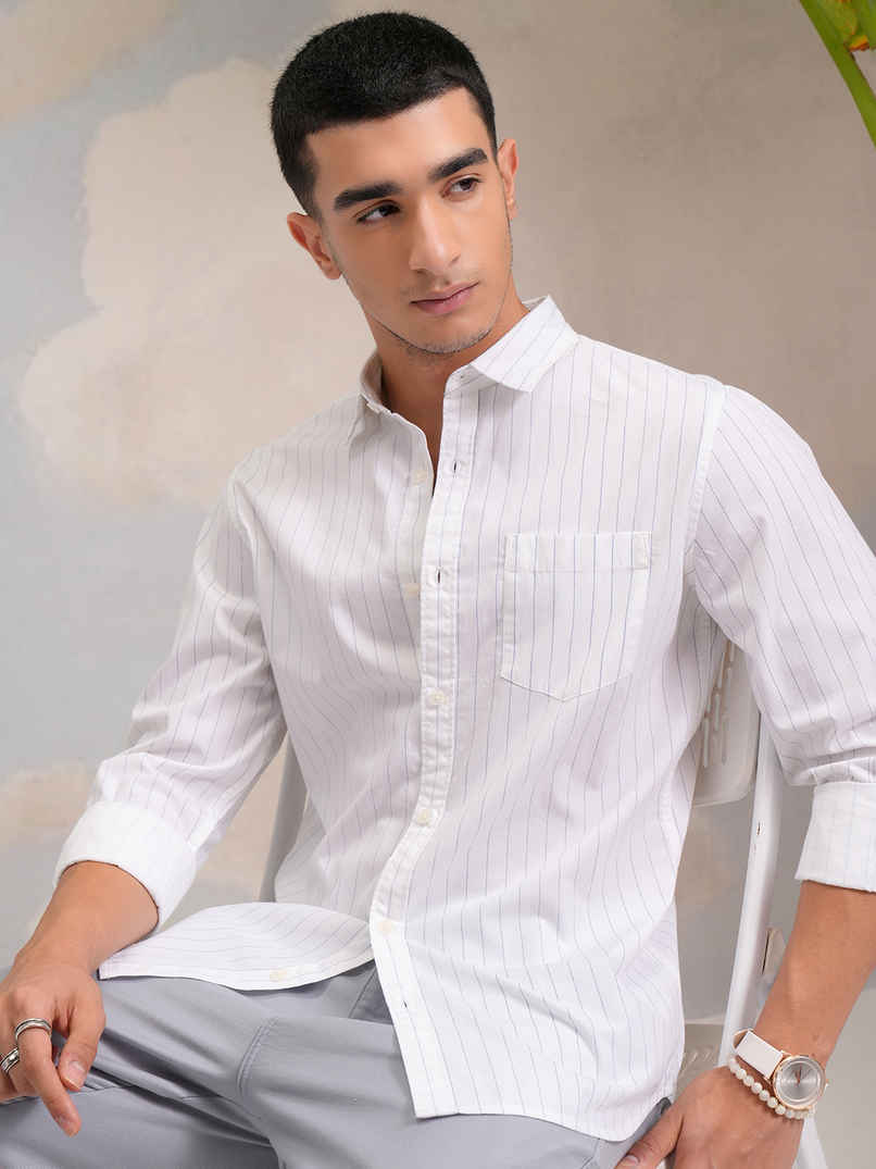 Highlander Men's Classic Slim Fit Vertical Striped Spread Collar Cotton Shirt | White & Indigo - L Highlander Men's Classic Slim Fit Vertical Striped Spread Collar Cotton Shirt | White & Indigo - L