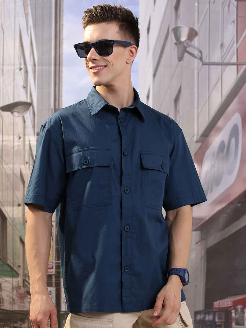 HIGHLANDER Men's Blue Drop Shoulder Boxy Oversized Fit Shirt | Blue - M HIGHLANDER Men's Blue Drop Shoulder Boxy Oversized Fit Shirt | Blue - M
