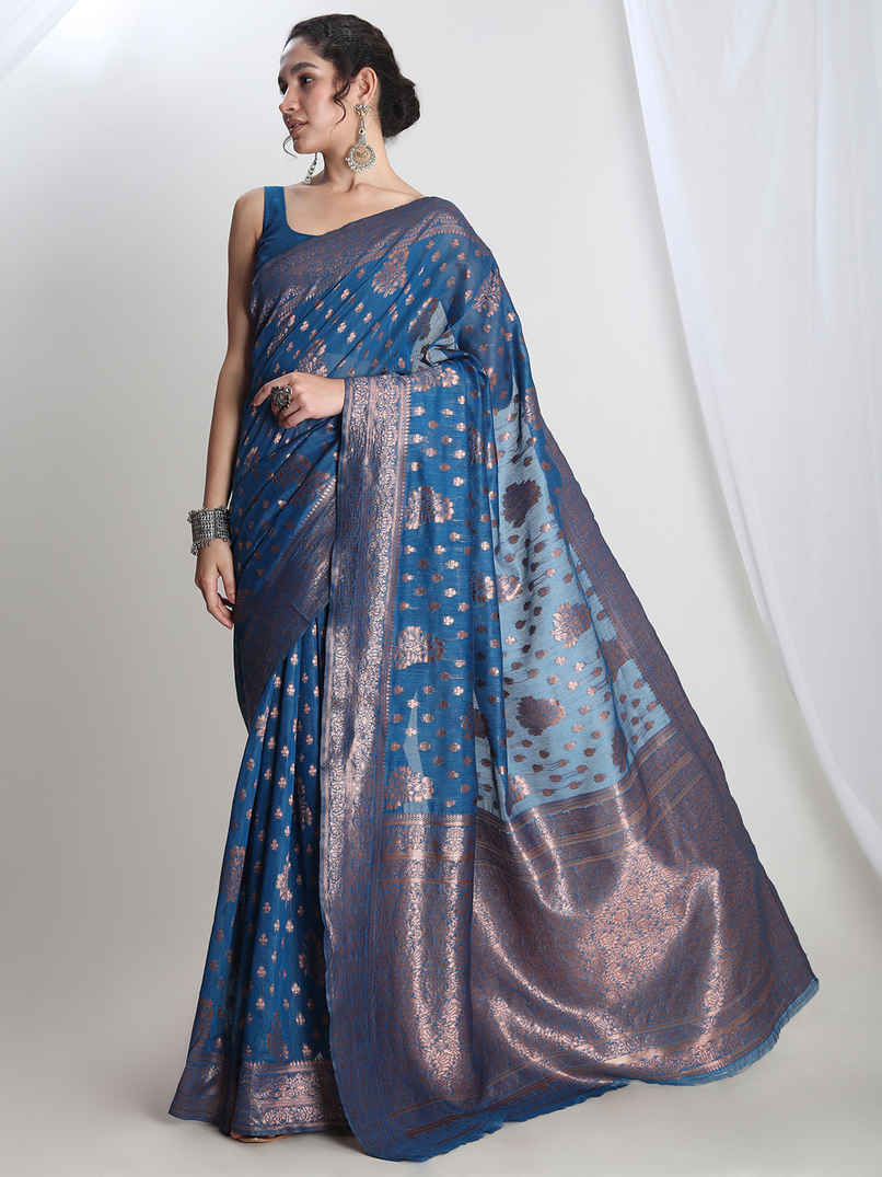 Janasya Women's Silk Blend Floral Design Jacquard Saree with Blouse Piece | SAR616 | Teal Blue Janasya Women's Silk Blend Floral Design Jacquard Saree with Blouse Piece | SAR616 | Teal Blue