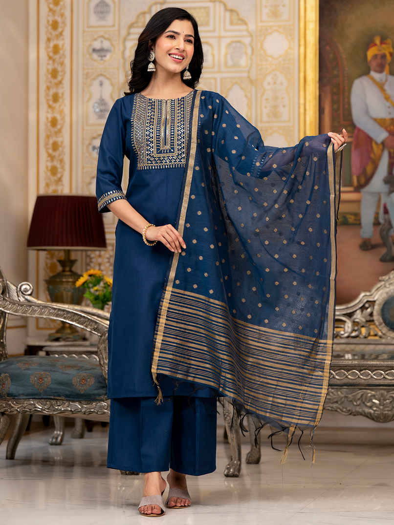 Vishudh Women's Embroidered Panel Straight Kurta With Cropped Palazzo & Ready Dupatta | Teal - XL Vishudh Women's Embroidered Panel Straight Kurta With Cropped Palazzo & Ready Dupatta | Teal - XL