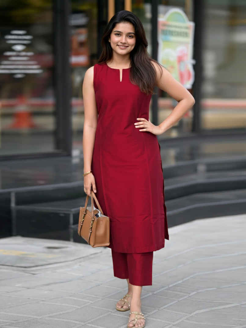 GoSriKi Women's Rayon Viscose Solid Straight Kurta with Palazzo | Rimpy Red | M GoSriKi Women's Rayon Viscose Solid Straight Kurta with Palazzo | Rimpy Red | M