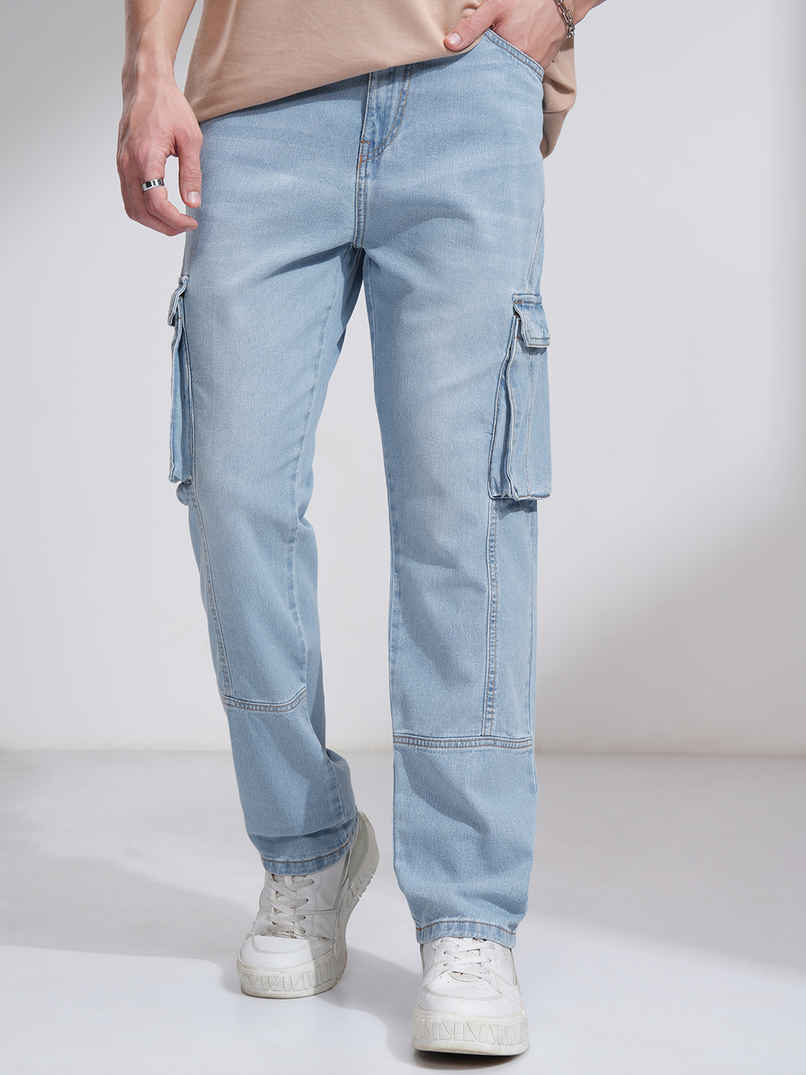 Highlander Men's Blue High Rise Straight Fit Cargo Jeans | Blue - 30 Highlander Men's Blue High Rise Straight Fit Cargo Jeans | Blue - 30
