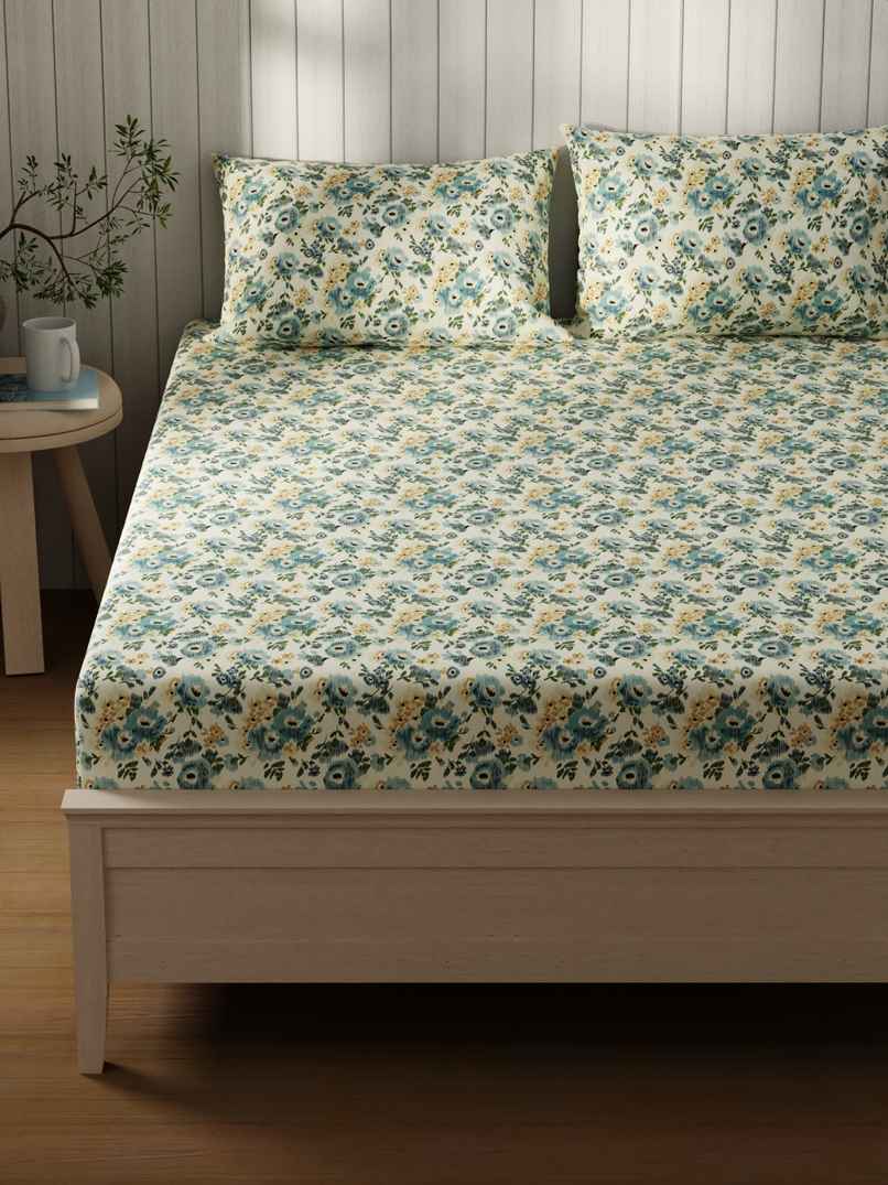 KOPA Extra Smooth Cotton Double Bedsheet With 2 Pillow Covers | Lopez Floral | Aqua & Multi KOPA Extra Smooth Cotton Double Bedsheet With 2 Pillow Covers | Lopez Floral | Aqua & Multi
