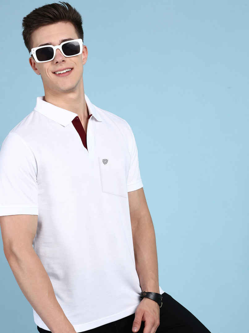 Lux Cozi Men's Solid Cotton Polo T-shirt with Pocket | White - S
