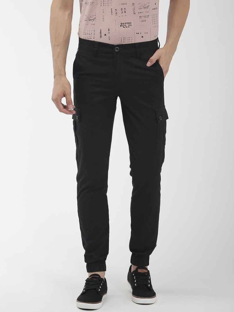 The Indian Garage Co Men's Slim Fit Solid Casual Cargos | Black - 30 The Indian Garage Co Men's Slim Fit Solid Casual Cargos | Black - 30