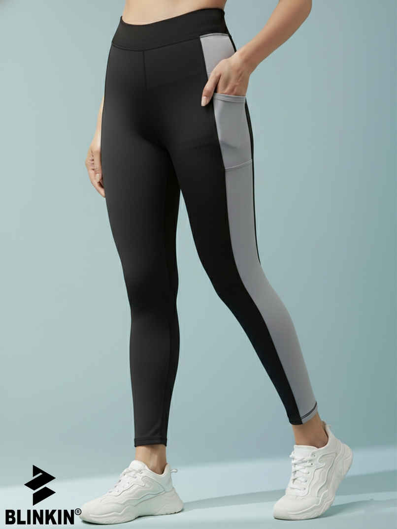 Blinkin Women's Gym Pants & Tights - Black | Grey | With Side Pockets | Ideal For Yoga | M