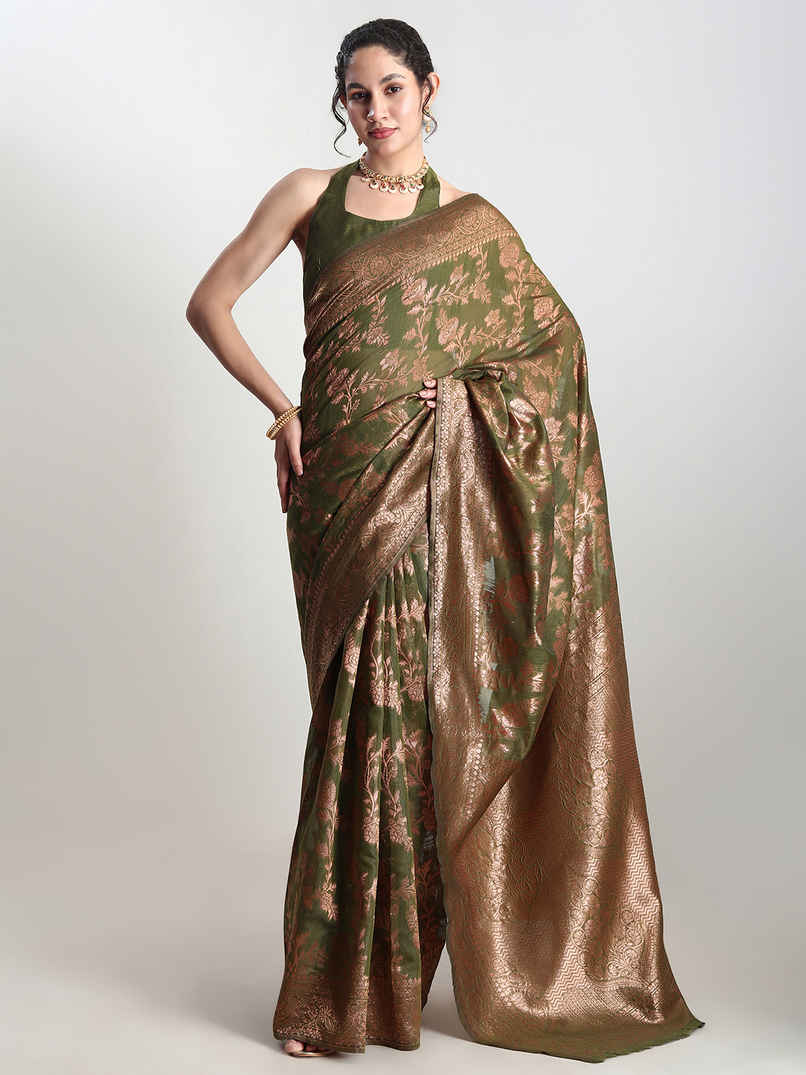 Janasya Women's Silk Blend Floral Woven Design Jacquard Saree with Blouse Piece | SAR609 | Green