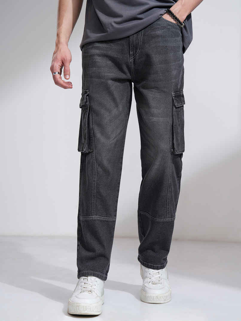 Highlander Men's Charcoal High Rise Straight Fit Cargo Jeans | Grey - 32 Highlander Men's Charcoal High Rise Straight Fit Cargo Jeans | Grey - 32